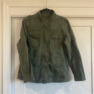 Women’s Dark Green Kensie Jeans Stretch Denim Button Down Fitted Utility Jacket